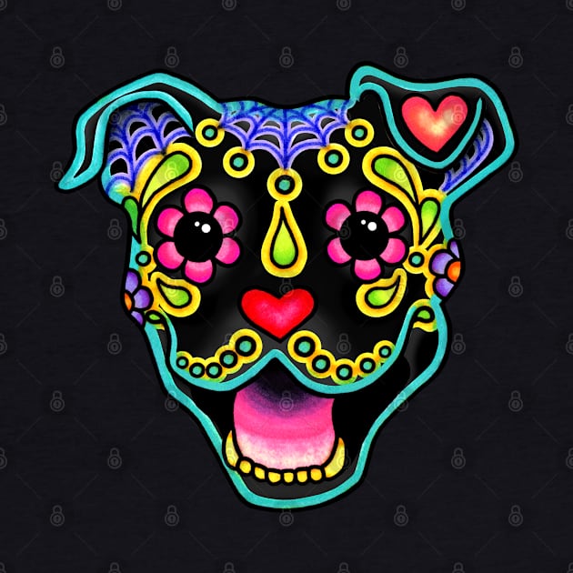 Smiling Pit Bull in Black - Day of the Dead Pitbull Sugar Skull Dog by prettyinink